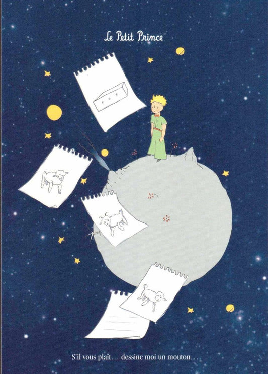 Postkarte Geburtstag Kinder Der kleine Prinz auf Planet mit Schaf Zeichnungen liebevoll illustriert Postkarte für Kinder Geburtstag