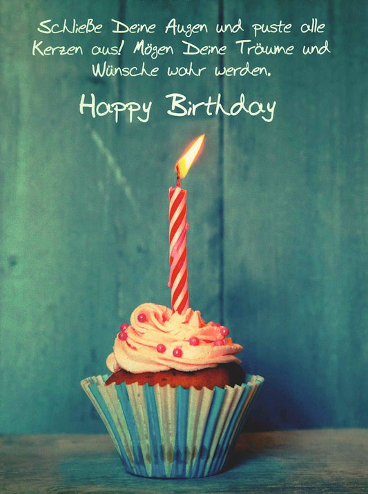 Postkarte Geburtstag mit Cupcake und Kerze Vintage Look liebevolle Glückwünsche Happy Birthday Postkarte für Geburtstagsgrüße