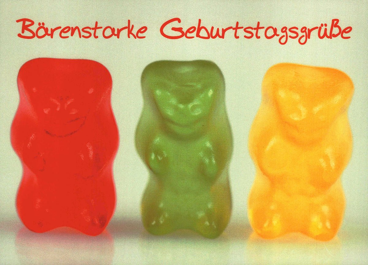 Postkarte Geburtstag mit Gummibärchen-Motiv und Aufschrift Bärenstarke