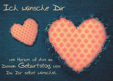 Postkarte Geburtstag mit Herzmotiv auf Jeans Hintergrund liebevolle Geburtstagswünsche moderne Postkarte zum Geburtstag für Freunde und Familie