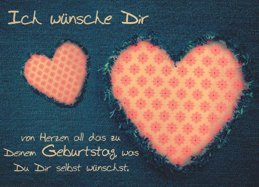Postkarte Geburtstag mit Herzmotiv auf Jeans Hintergrund liebevolle Geburtstagswünsche moderne Postkarte zum Geburtstag für Freunde und Familie