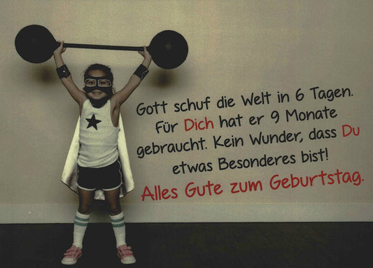 Postkarte Geburtstag mit lustigem Spruch für Kinder starke Mädchen Superheldin Illustration originelle Geburtstagspostkarte für besondere Glückwünsche