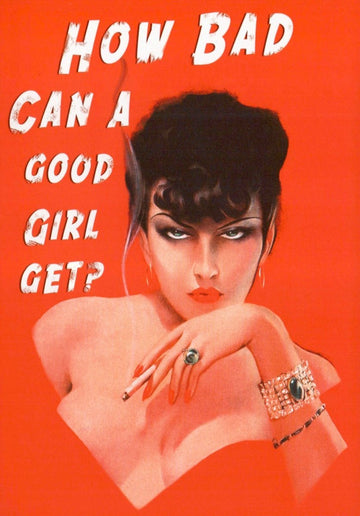 Postkarte - Humorvolle Retro Pin - Up Grußkarte mit Englischem Spruch, Roter Vintage Schmuck, Erotische Kunst Deko, Sammelbare Sexy Karte