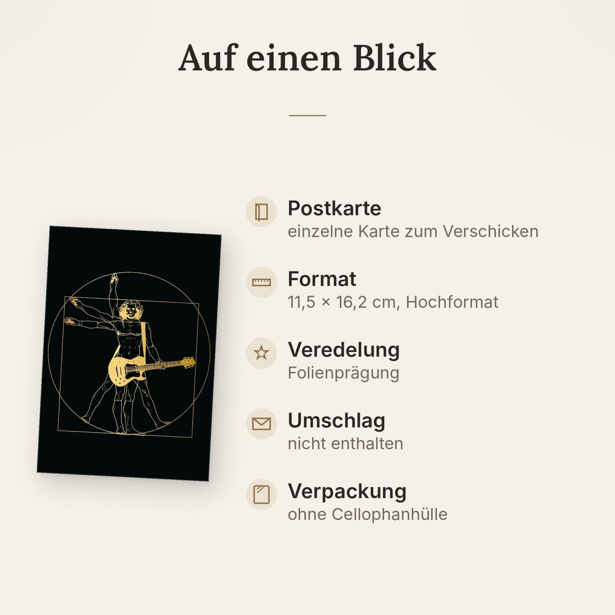 Postkarte Kunstpostkarte Vitruvianischer Mensch mit E-Gitarre goldene Illustration auf schwarzem Hintergrund originelle Postkarte