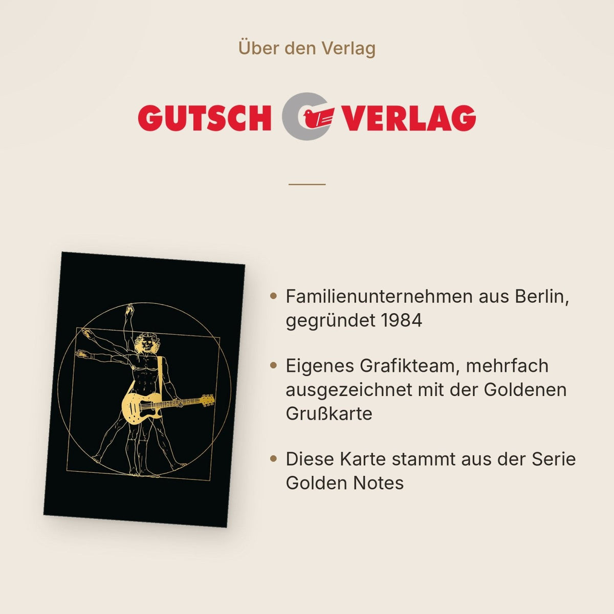 Postkarte Kunstpostkarte Vitruvianischer Mensch mit E-Gitarre goldene Illustration auf schwarzem Hintergrund originelle Postkarte