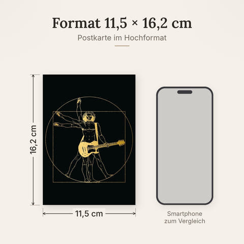 Postkarte Kunstpostkarte Vitruvianischer Mensch mit E-Gitarre goldene Illustration auf schwarzem Hintergrund originelle Postkarte