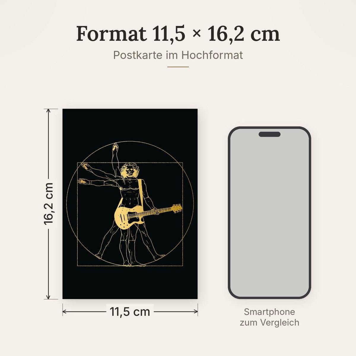 Postkarte Kunstpostkarte Vitruvianischer Mensch mit E-Gitarre goldene Illustration auf schwarzem Hintergrund originelle Postkarte