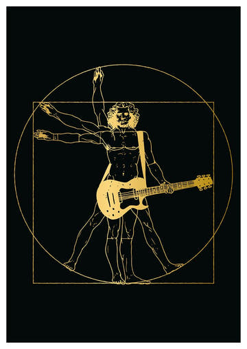 Postkarte Kunstpostkarte Vitruvianischer Mensch mit E - Gitarre goldene Illustration auf schwarzem Hintergrund originelle Postkarte