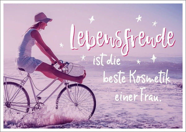 Postkarte Lebensweisheiten: Inspirierender Spruch mit Meer & Fahrrad – Ruhe und Energie am Strand
