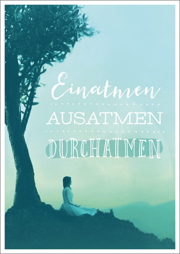 Postkarte Lebensweisheiten - Meditationskarte mit Atemübungen, Ruhe-Baum-Motiv und blauem Himmel für Frieden & Balance