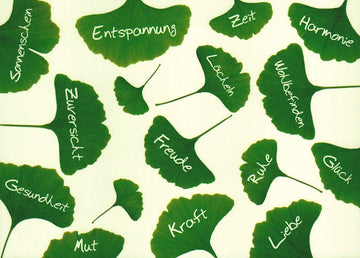 Postkarte Lebensweisheiten mit Ginkgo - Blättern und inspirierenden Worten wie Freude Kraft Liebe Zuversicht Glück Harmonie Entspannung