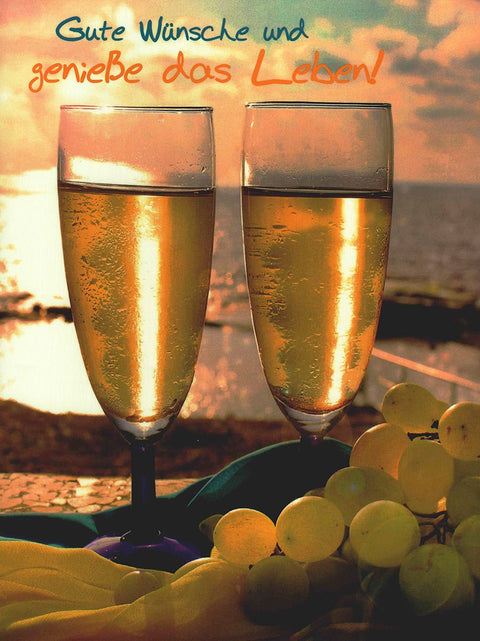 Postkarte Lebensweisheiten mit Sektgläsern und Sonnenuntergang – Postkarte zum Feiern, Motivation und Lebensfreude verschenken