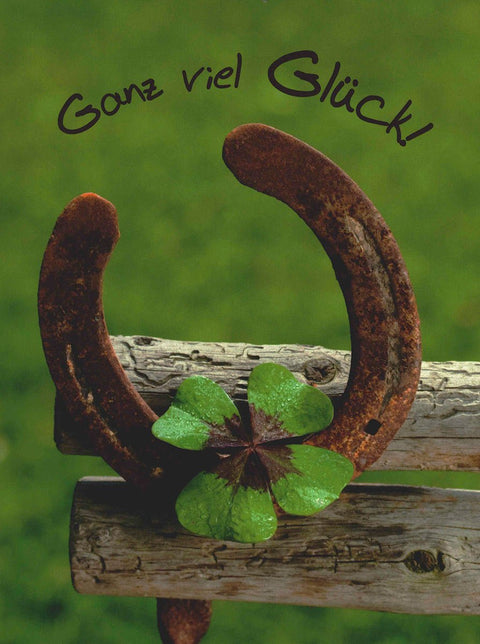 Postkarte mit Hufeisen und vierblättrigem Kleeblatt Ganz viel Glück Postkarte für besondere Anlässe und liebe Wünsche