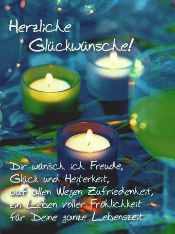 Postkarte mit Kerzen und herzlichen Glückwünschen für Freude Glück Zufriedenheit und Fröhlichkeit im Leben