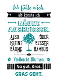 Postkarte mit Spruch: Ich fühle mich stark genug, um kleine Bäume zu bewegen. Vielleicht Bambus oder Blumen. Na gut, Gras schaffe ich sicher.