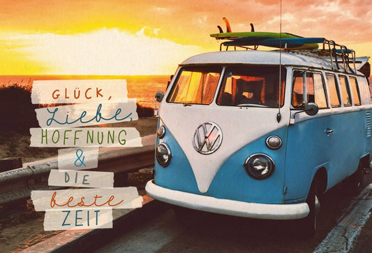 Postkarte mit Spruch: Lebensweisheiten über Glück, Liebe und Zeit auf Zuckerrohrpapier im Bus - Design