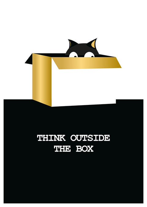 Postkarte mit Spruch Think Outside the Box witzige Postkarte mit Katze im Karton originelle Grußkarte für kreative Grüße