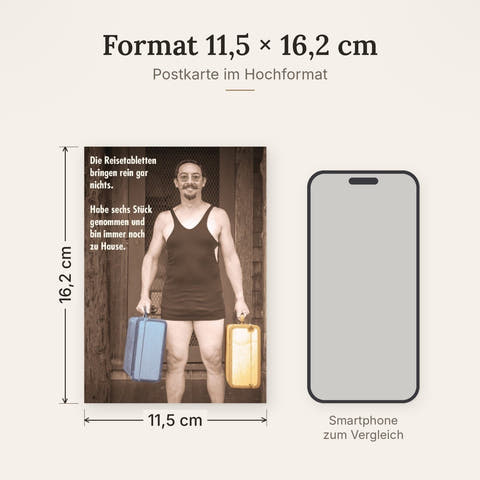 Postkarte mit Witz: Vintage Reisespruch & Ironie - Lustiger Mann im Unterhemd, Sepia-Retro-Stil, Perfekt für Urlaubsscherze