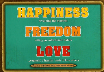 Postkarte – Motivierende Zitate von Buddha über Liebe & Glück, Vintage Design in Gelb, Grün & Braun, Englische Spiritualität