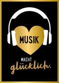 Postkarte Musik macht glücklich goldene Herz Kopfhörer moderne Postkarte Spruch für Musikliebhaber stilvoll Geschenk