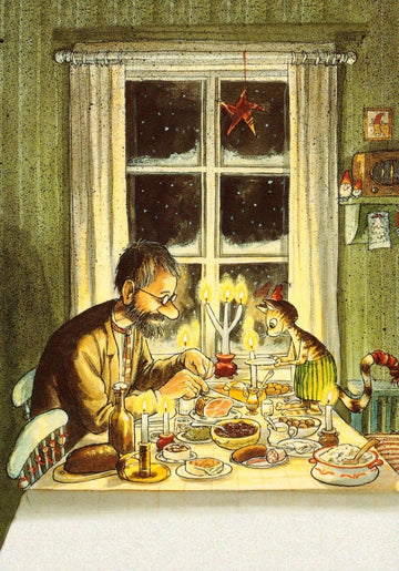 Postkarte Pettersson und Findus Abendessen unter Kerzen