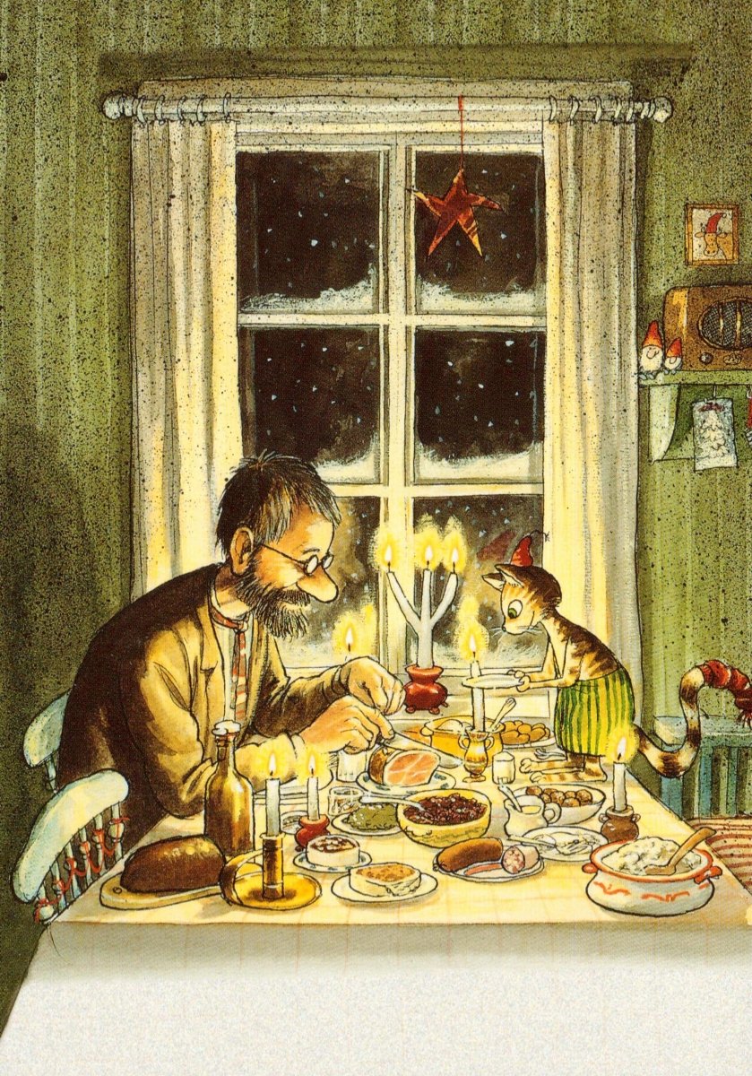 Postkarte Pettersson und Findus Abendessen unter Kerzen