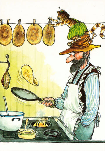 Postkarte Pettersson und Findus Pfannkuchen backen