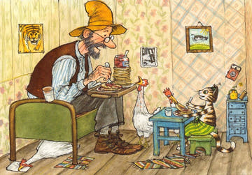 Postkarte Pettersson und Findus Pfannkuchen essen