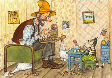 Postkarte Pettersson und Findus Pfannkuchen essen