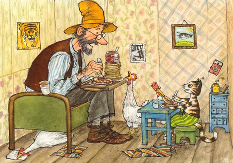 Postkarte Pettersson und Findus Pfannkuchen essen