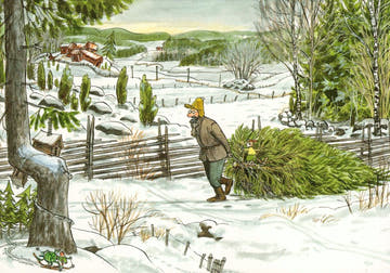 Postkarte Pettersson und Findus Tannenbaumschlagen