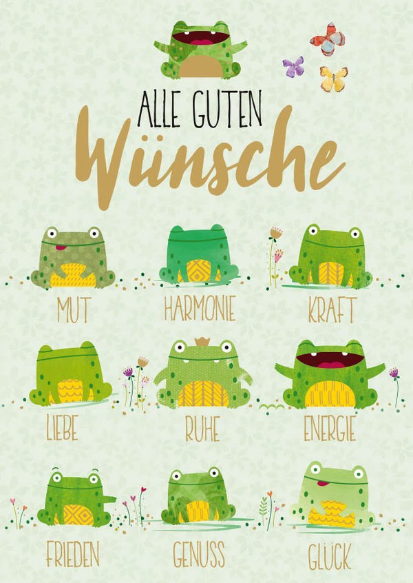 Postkarte Spruch für alle Anlässe mit Fröschen und Folienprägung - Gute Wünsche