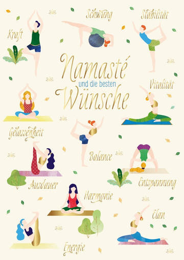 Postkarte Spruch: Namasté Grüße mit Yoga - Positionen und edler Folienprägung für beste Wünsche