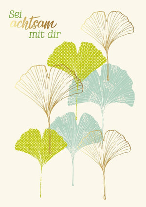 Postkarte Sprüche Achtsamkeit mit Blumenmotiv und Folienprägung
