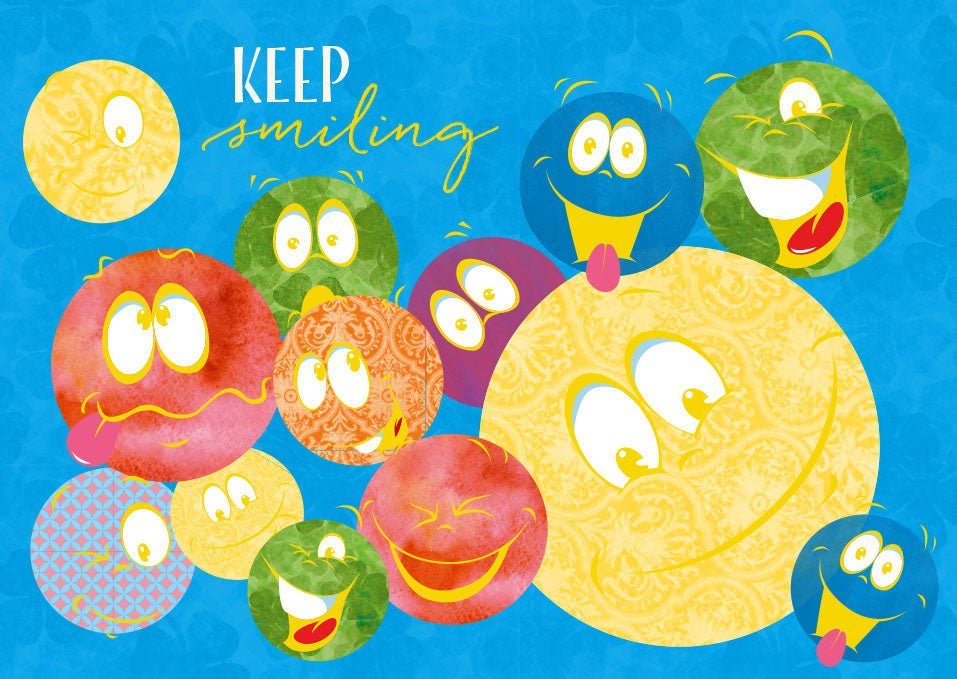 Postkarte Sprüche: Bunte Köpfe – Keep Smiling für positive Gedanken