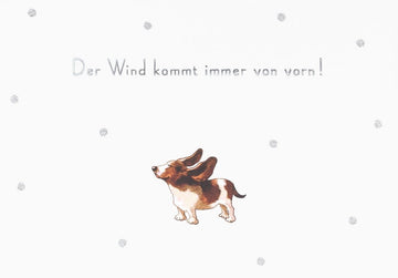 Postkarte Sprüche: Der Wind kommt immer von vorn! - Lustige Bassett - Karte