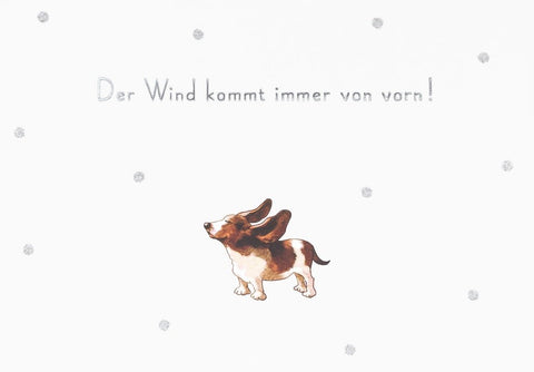 Postkarte Sprüche: Der Wind kommt immer von vorn! - Lustige Bassett - Karte