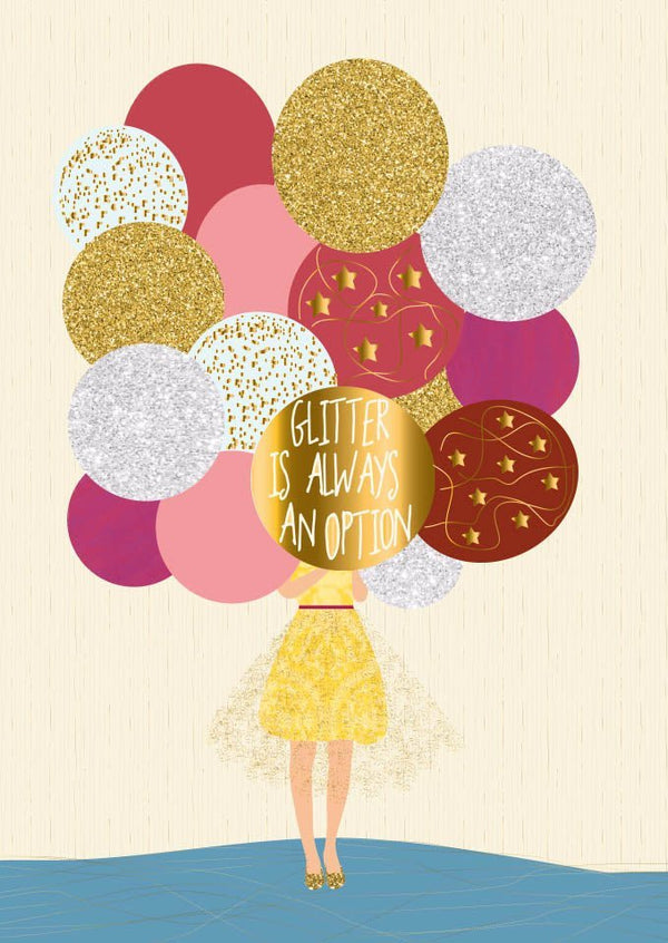 Postkarte Sprüche: Glitzernde Option mit Frau und Ballon - Glitterlack Highlight