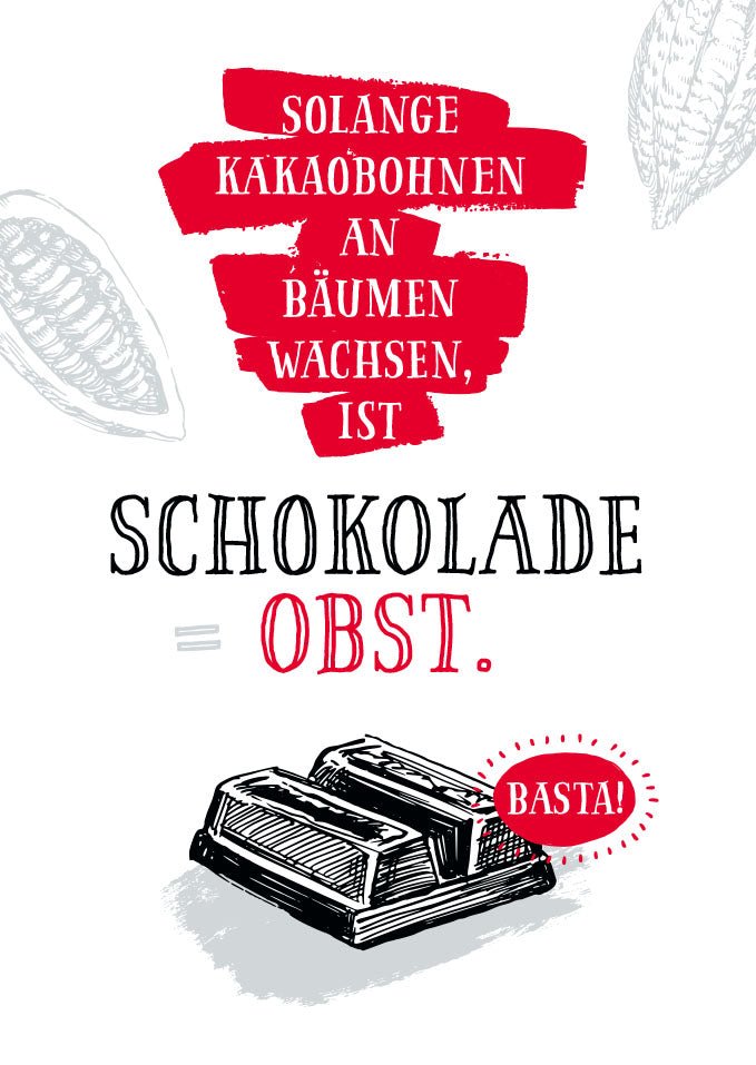Postkarte - Sprüche: Humorvolle Karte "Schokolade ist mein Obst" für Naschkatzen