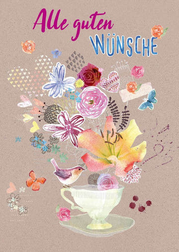 Postkarte Sprüche: Illustration Tasse mit herzlichen Wünschen für jeden Anlass