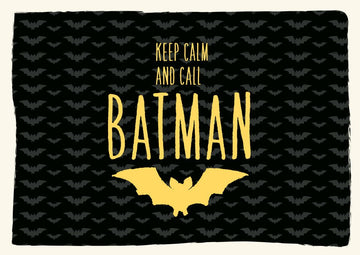 Postkarte - Sprüche: Keep Calm and Call Batman – Gelber Schriftzug auf Schwarz, perfekt für Superhelden - und Comic - Fans mit ikonischem Fledermaus - Design