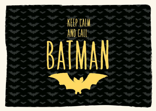 Postkarte-Sprüche: Keep Calm and Call Batman – Gelber Schriftzug auf Schwarz, perfekt für Superhelden- und Comic-Fans mit ikonischem Fledermaus-Design