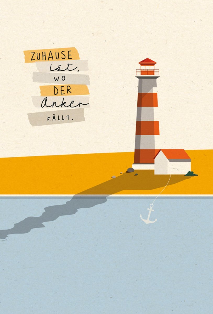 Postkarte Sprüche: Lebensweisheit Zuhause mit Anker und Leuchtturm auf nachhaltigem Zuckerrohrpapier