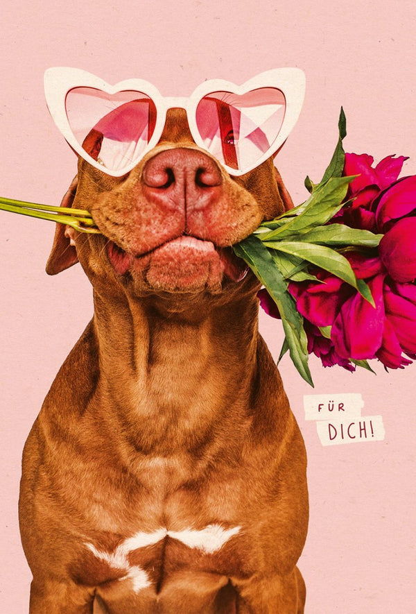Postkarte Sprüche Liebe: Hund mit Sonnenbrille und Blumen, Zuckerrohrpapier