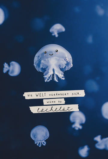 Postkarte Sprüche "Meereszauber" - Quallen auf Zuckerrohrpapier, Blau - Weiß, für Wanddeko & Motivation