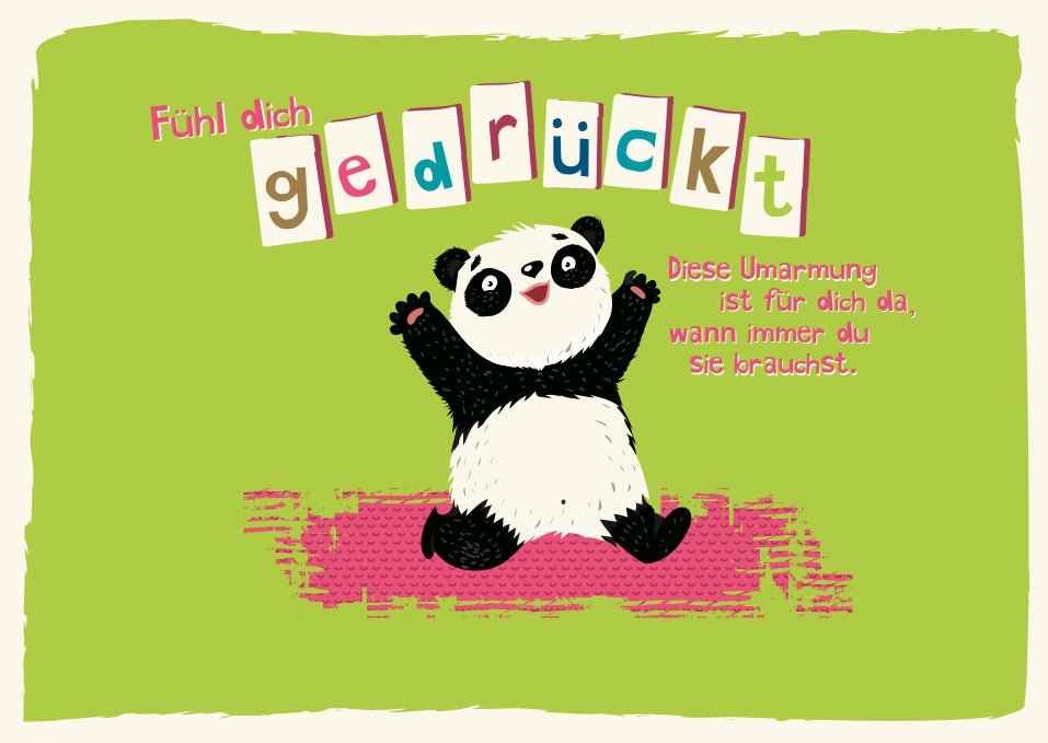 Postkarte Sprüche: Panda Umarmung – Liebevolle Geste für Kinder & Erwachsene auf grünem Hintergrund