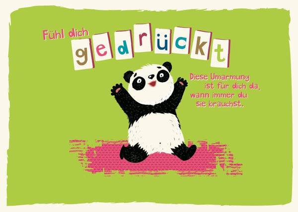 Postkarte Sprüche: Panda Umarmung – Liebevolle Geste für Kinder & Erwachsene auf grünem Hintergrund