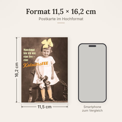 Postkarte Sprüche: Humorvolle Karte mit dem Spruch "Manchmal bin ich wie eine Fee - eine Katastrofee"