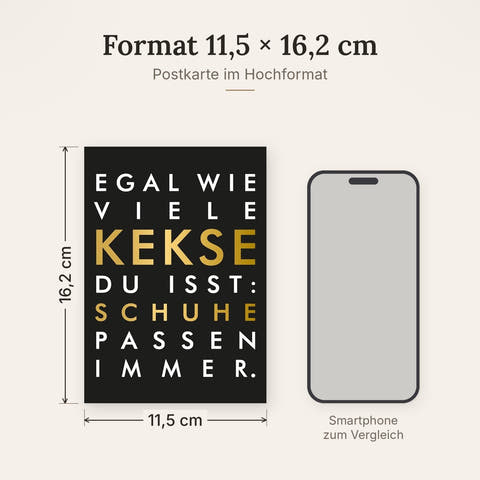 Postkarte Sprüche witzig Kekse Schuhe schwarz gold stylisch lustig originelle Grußkarte für Freunde und Familie Geschenkidee