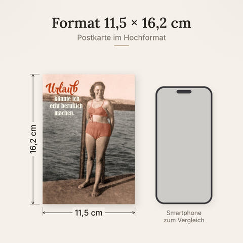Postkarte Urlaub - Retro Frau im Badeanzug, Humorvoller Spruch, Vintage Flair, Entspannung am Strand